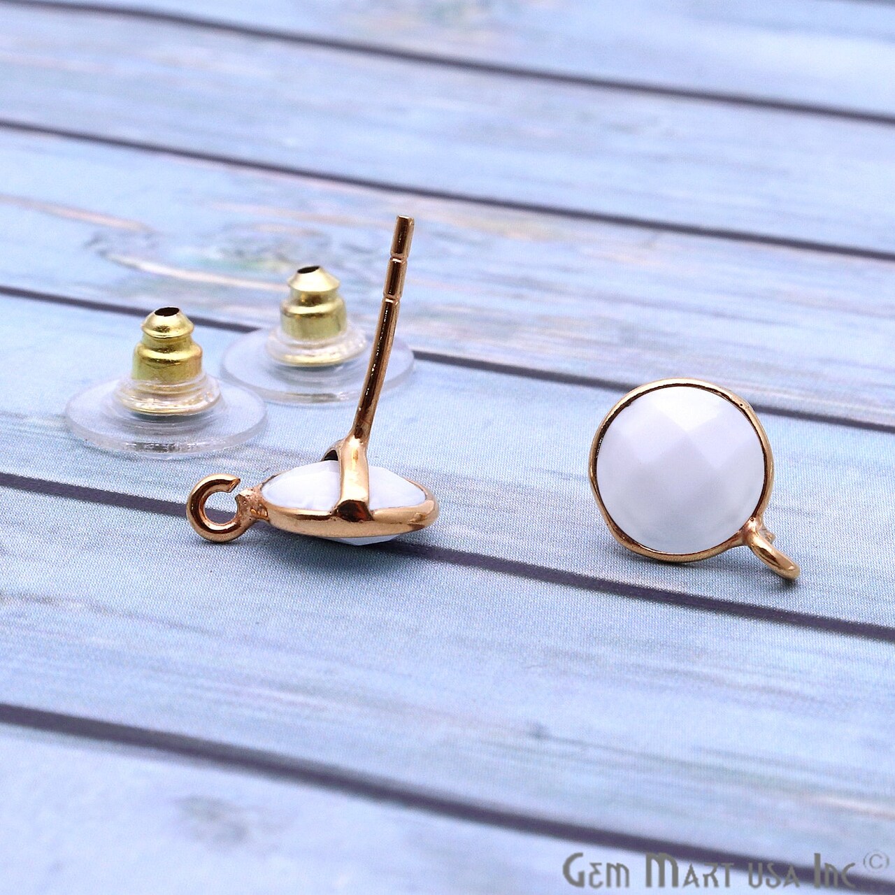 Round Gemstone Stud Earrings with Loop, 12x9mm Gold Plated DIY Earring Findings, GemMartUSA (90023)